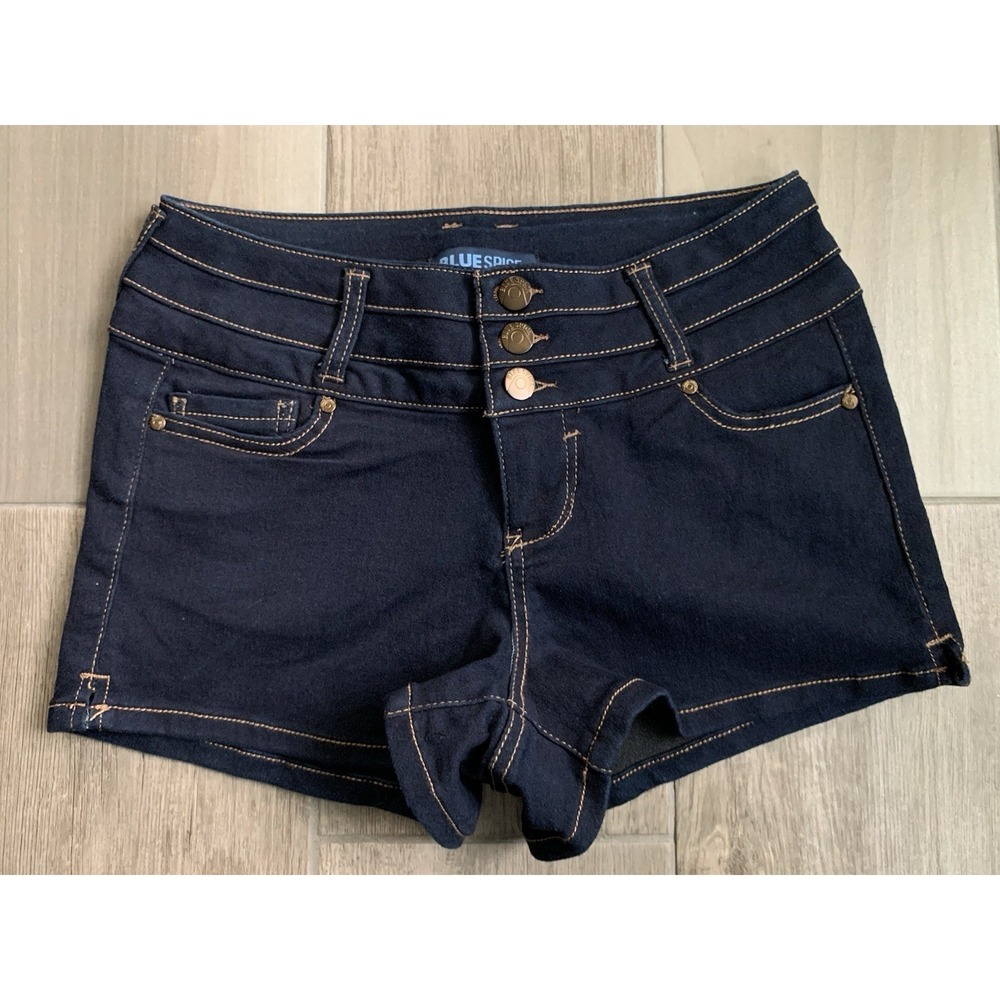 Blue Spice Triple-Button Mini Denim Shorts - Dark Indigo Wash - Size 5 Y2K Retro